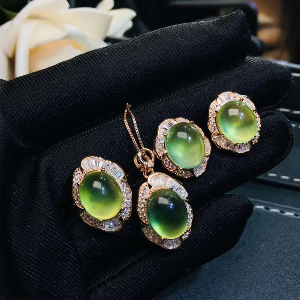 

Real Natural Prehnite jewelry set Natural Real Prehnite 925 sterling silver 1pc pendant,1pc ring,2pcs Earring