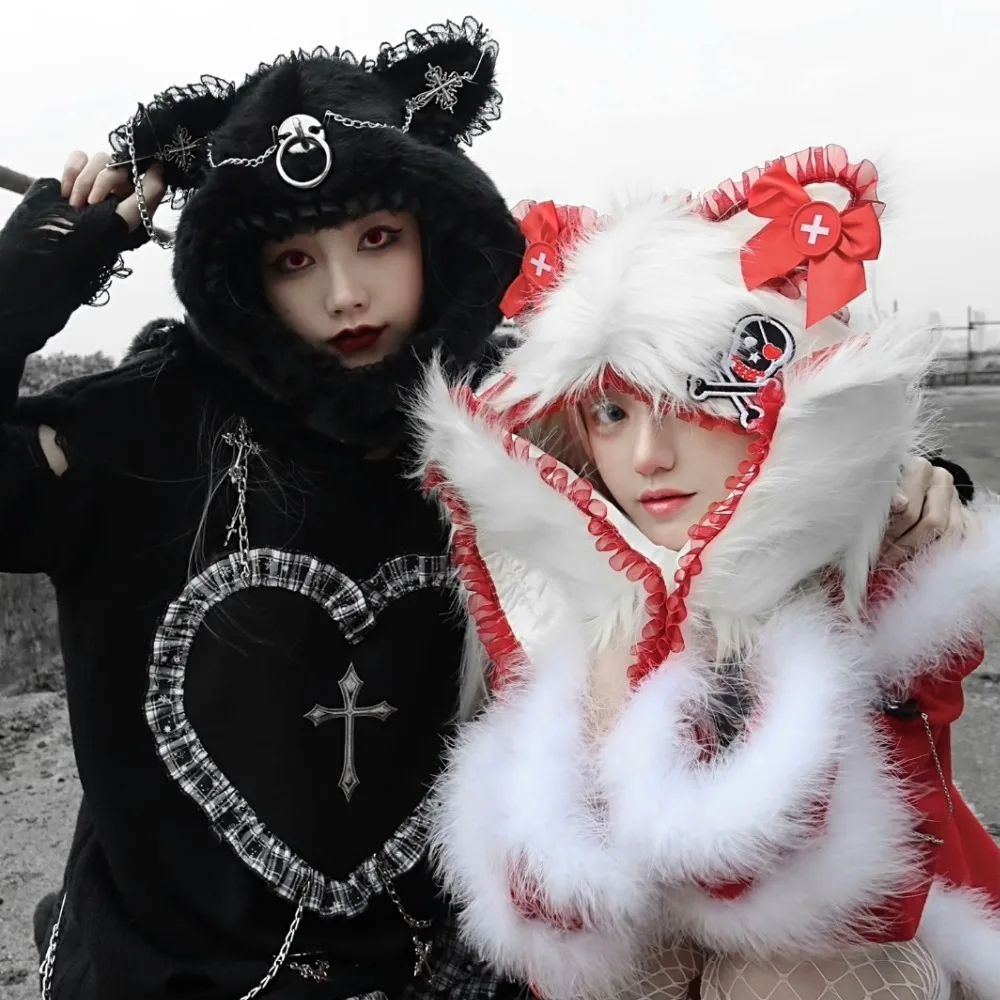 

Harajuku Gothic Grunge Mechanical Cat Ear Hat For Women Girls Winter Warm Cute Plush Hooded Gloves Scarf Caps Cosplay Streetwear