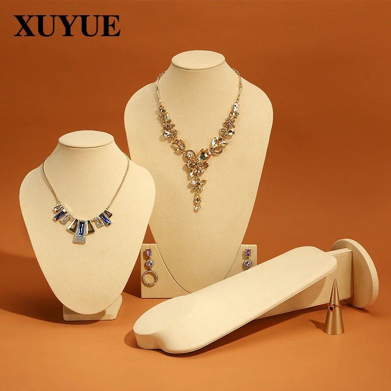 Necklace Display Stand Beige Microfiber Portrait Necklace Pendant Mannequin Window Props Jewelry Necklace Stand