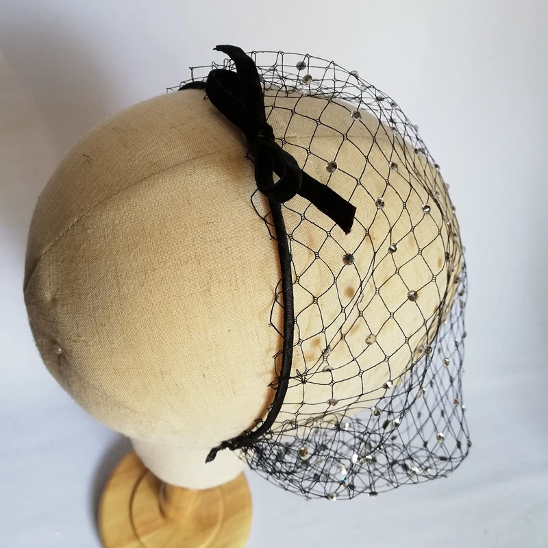 Velo de jaula de pájaros negros, velo de novia con diamantes de imitación blancos, lazo, colorete, velos de gasa, Bola de Mascarada, despedida de soltera, fascinador de gatsby