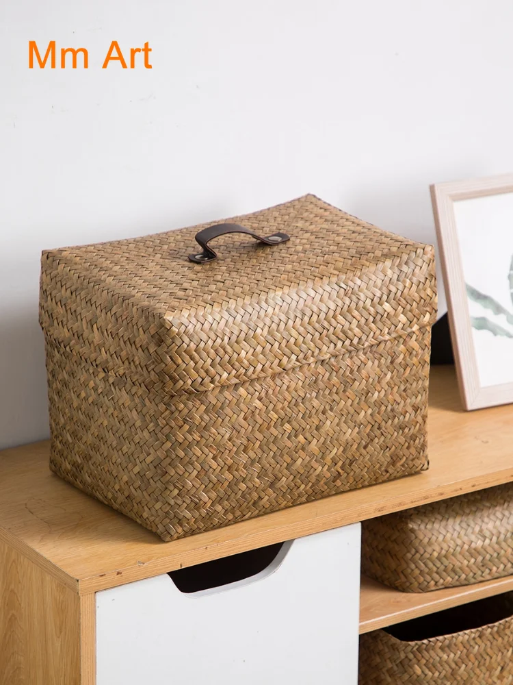 Thailand Seaweed Woven Storage Box Rattan and Bamboo Weaving Straw Woven Storage Basket Storage Box with Lid