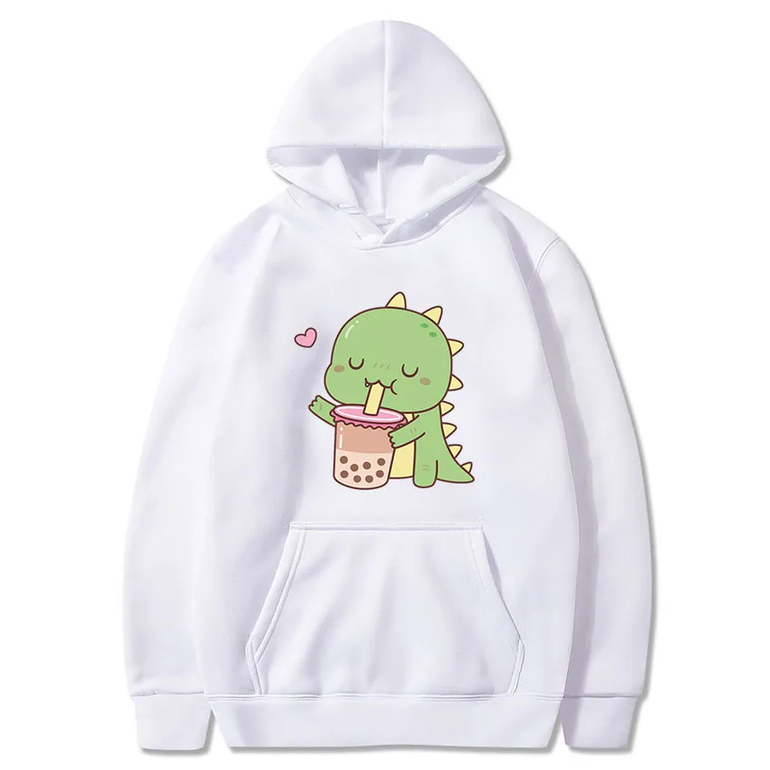 Bubble Tea Kawaii Dinosaur Print Hoodies 2021 Woman Man Autumn Hooded Clothes Milk Tea Pullover Female Hip Hop Casual Streetwear