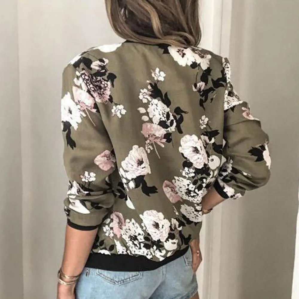 Floral impresso jaqueta feminina outono inverno moda o pescoço manga comprida com zíper bolso casacos casuais bombardeiro outwear streetwear