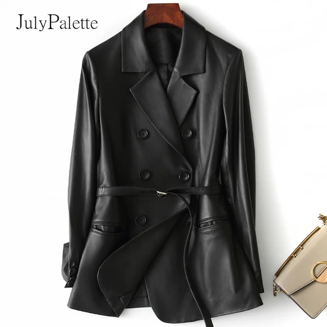 Julypalette 2024 wiosenna kurtka z prawdziwej skóry moda dwurzędowa marynarka z paskiem czarne płaszcze damskie z owczej skóry M-3XL