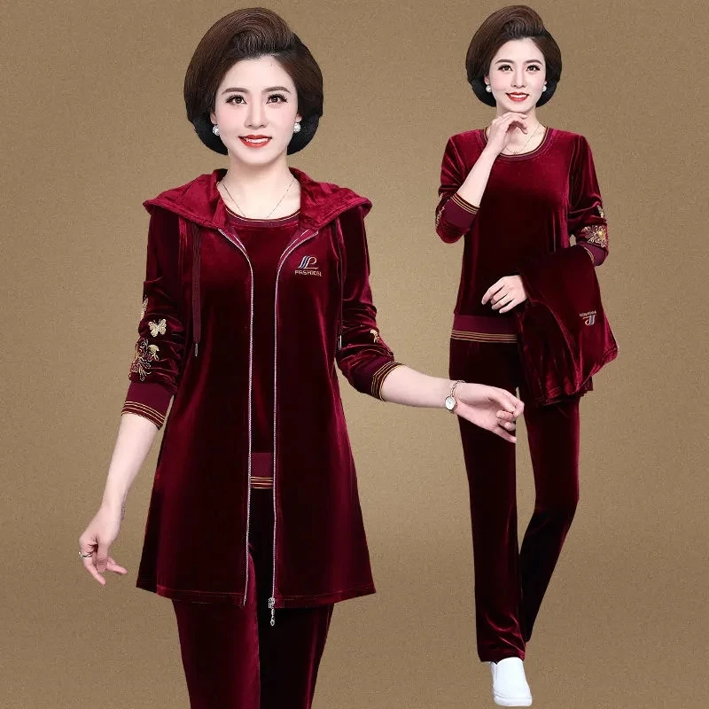 Mom\'s Velvet Tracksuit Women Embroidered Plus Size 3 Piece Outfit Casual Zip Up Hooded Waistcoat + t-Shirt + Pants Set Sweatsuit