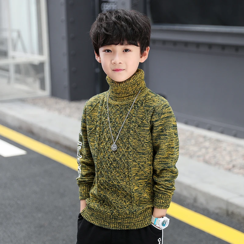 

Boy High Collar Knitted Sweater Teenager Kids Casual Pullovers Fall Winter Children Thicked Thermal Cotton Knitwear Clothes B339