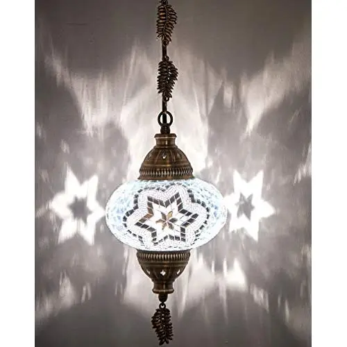 LaModaHome English Moroccan Handmade Mosaic Colorful Hanging Ceiling Hanging Lamp Pendant Fixture Light Lantern, Hardwired