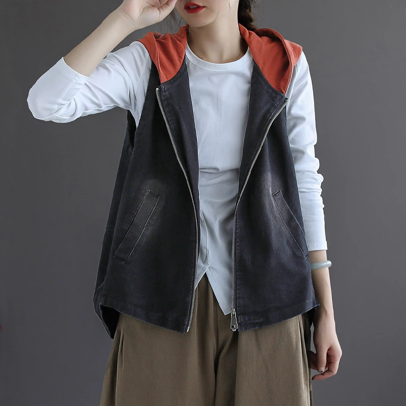 Max LuLu เกาหลีฤดูใบไม้ร่วง2021แฟชั่นสตรี Hooded สีดำ Denim Vest สุภาพสตรีซิป Casual Waistcoats หลวมเสื้อผ้าแขนกุด