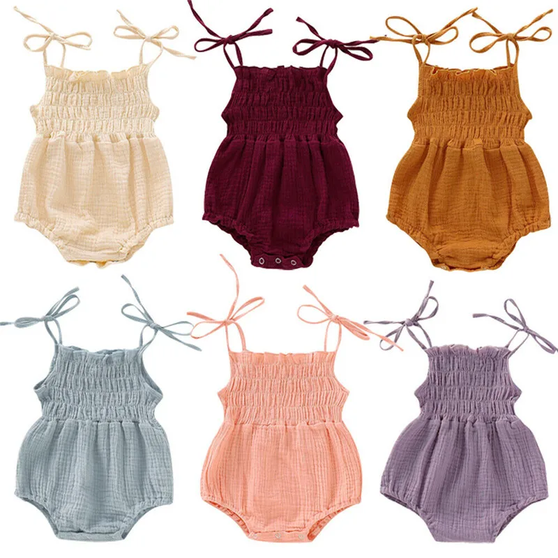 0-18M Newborn Baby Girl Romper Lace Up Sleeveless Jumpsuit Solid Color Cotton Overalls Baby Girl Summer Outfits Clothes 6 Colors