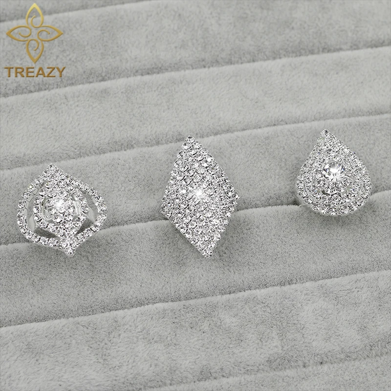TREAZY Silver Color Rhinestone Crystal Wedding Rings For Women Fashion Bridesmaid Bridal Rings Adjustable Night Party Jewelry