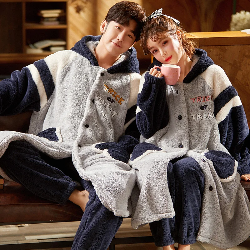 

Winter Thick Warm Couple Coral Cashmere Pajamas Long Sleeve Hooded Robe+Pants Sleepwear Suit Loose Soft Lovers Nightyi