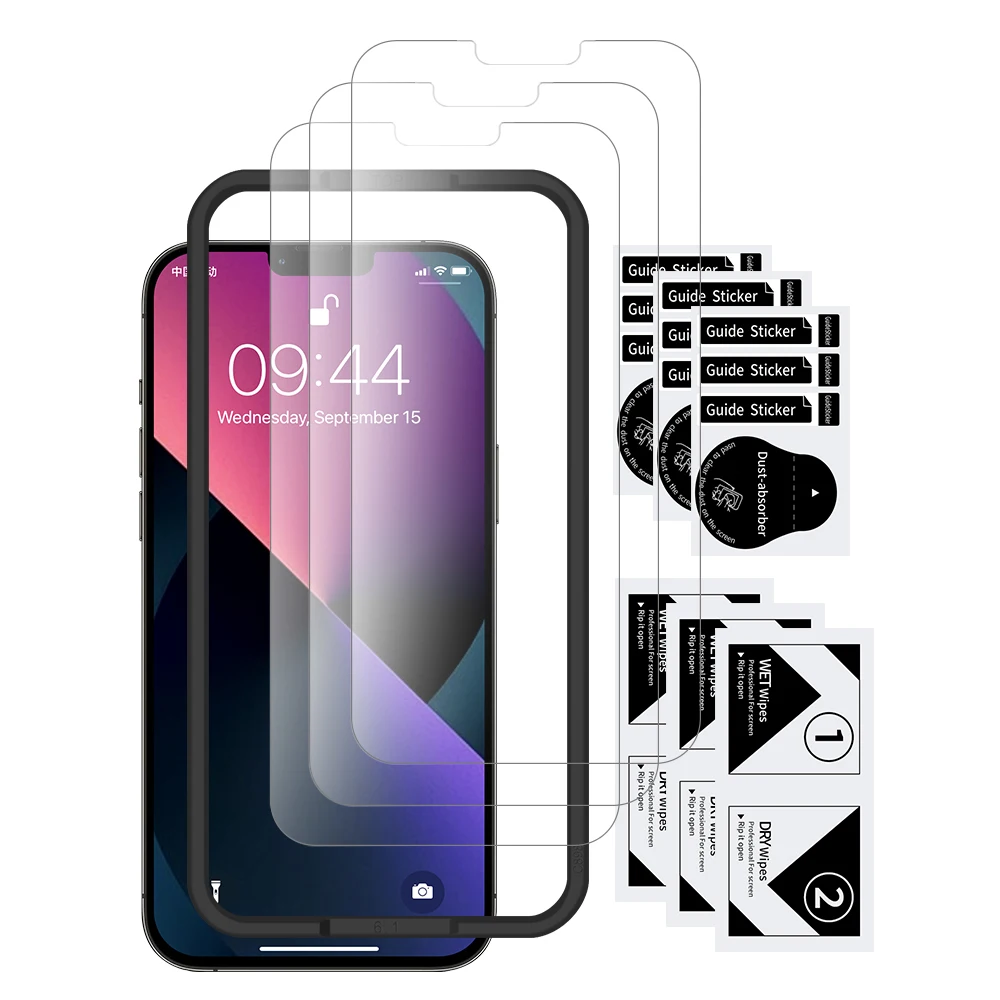 High Quality 3 Pack Clear Glass Screen Protector 9H Tempered Glass Film With Installation Frame For iPhone 13