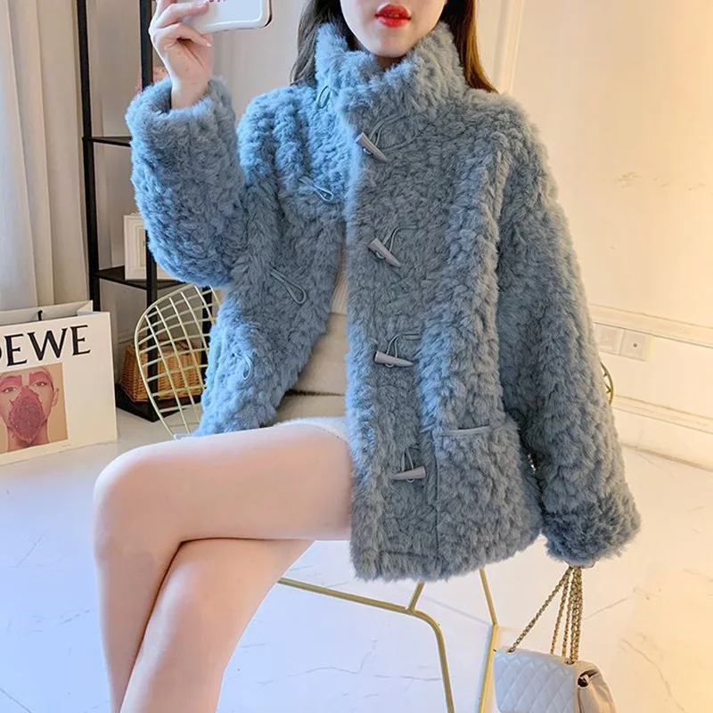 

Faux Fur Coat Women Winter 2022 Thick Warm Overcoat Horn Buckle Faux Lambs Wool Fur Coats Fluffy Jacket Female Plush Outerwear