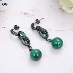 Natural Genuine round Green Malachite Green cubic zirconia pave gunmetal color plated Loop Stud Earrings luxulry for women