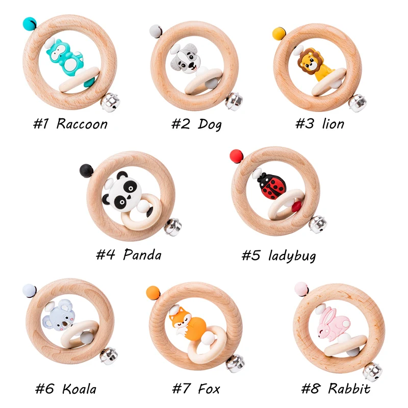 Baby Toys 1pc Silicone Beads Cartoon Rattle Teething Ring Of Beech Wood 0-12 Moths Children Christmas Gifts Stroller Let's Make