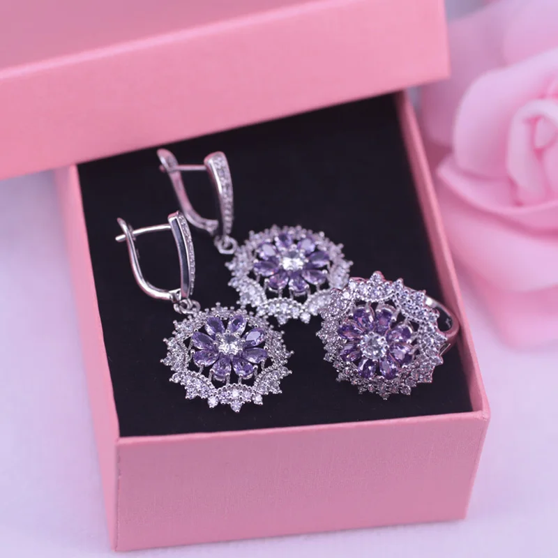 Risenj Silver 925 Jewelry Set For Women ins pop Daisy Square Jewelry Purple Zircon & Crystal Earrings Ring Necklace Bracelet Set