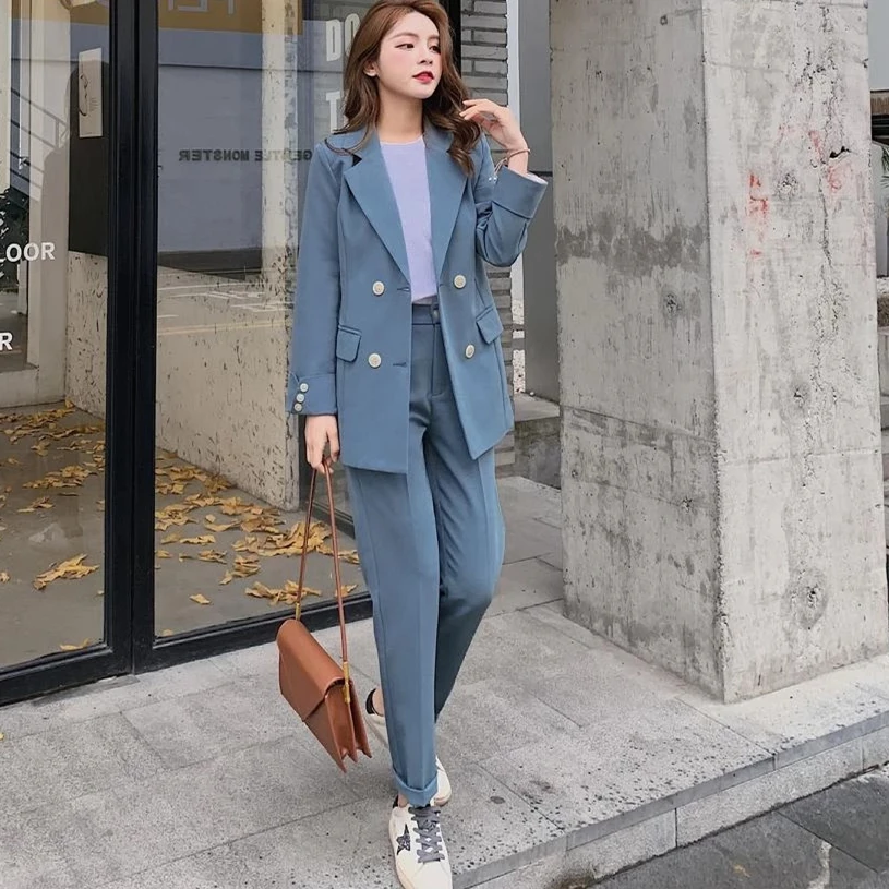 

Casual Solid Women Pant Suits Notched Collar Blazer Jacket & Pencil Female Spring Autumn High Quality