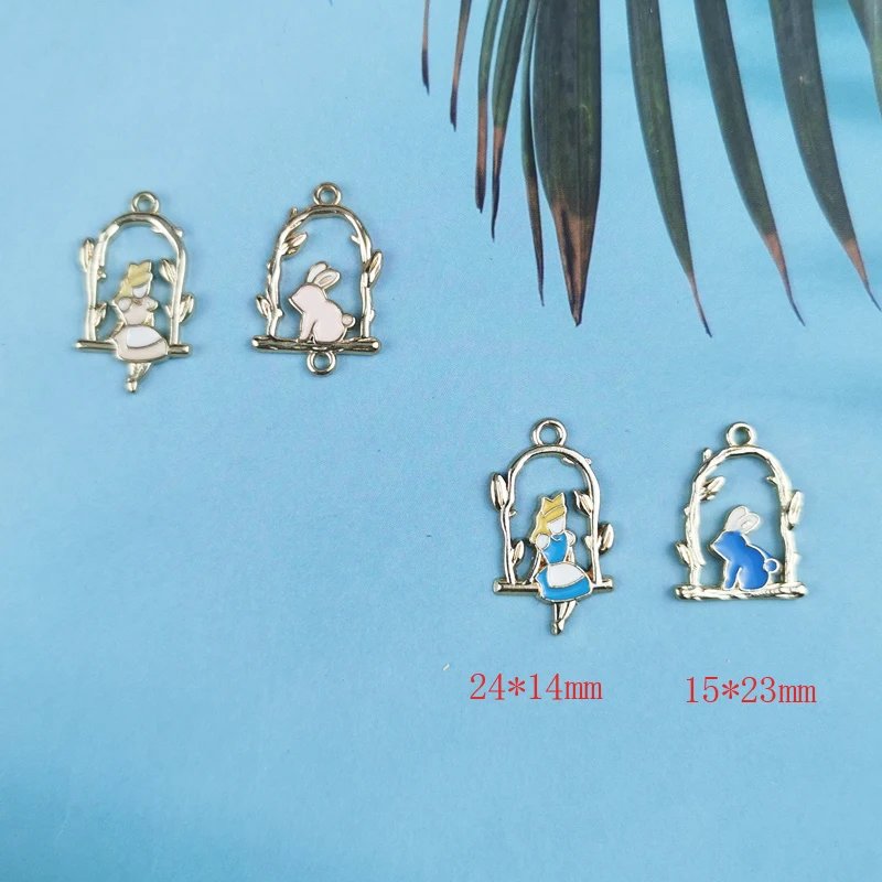 10Pcs Cartoon Alice in Wonderland Alice Girl and Rabbit Enamel Dangle Charms Pendant for Women DIY Handmade Jewelry Accessories