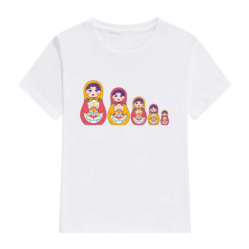 

Children's 100% Cotton T Shirts Family Clothing Set Matryoshka Printing Short Sleeve T-Shirt Tops Fashion Boy's White Tees