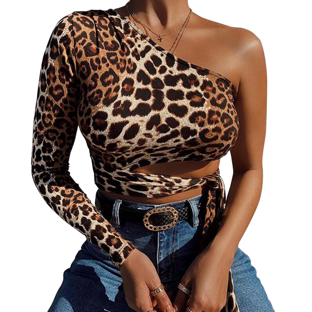 Fashion Women's Leopard Skin One Shoulder Tops Blouse Lady Long Sleeve Slim Shirt  Party Elegant Baggy Tunic Clothes