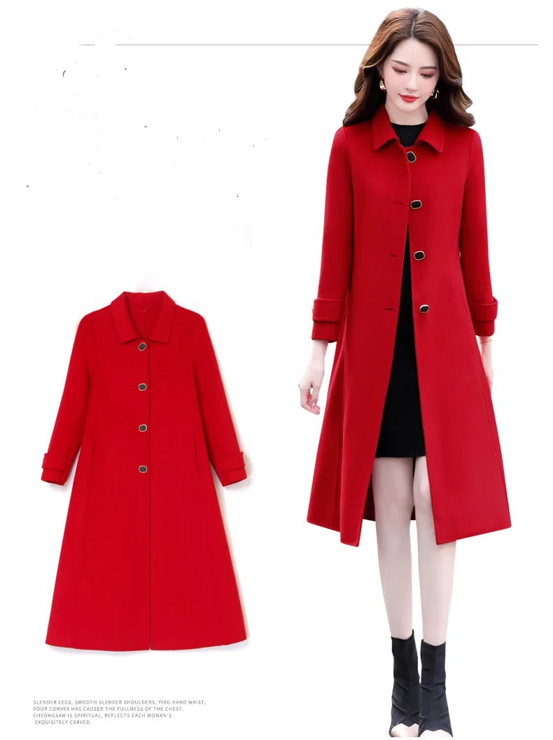 New high-quality wool coat long single-breasted  black red navy blue jacket with lining