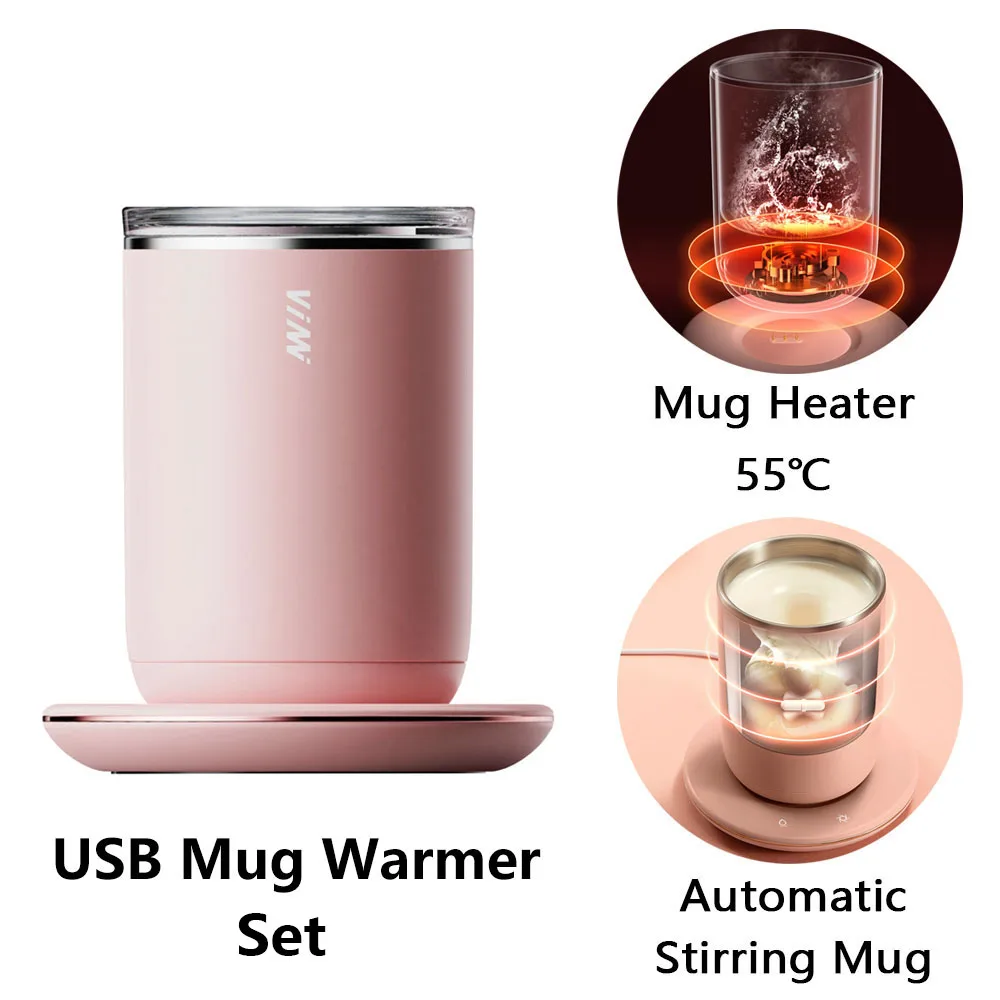 

USB Mug Warmer 55℃ & Automatic Stirring Mug Set Coffee Milk Mixing Mugs Stainless Steel Cup Electric Lazy Double Insulated Cup