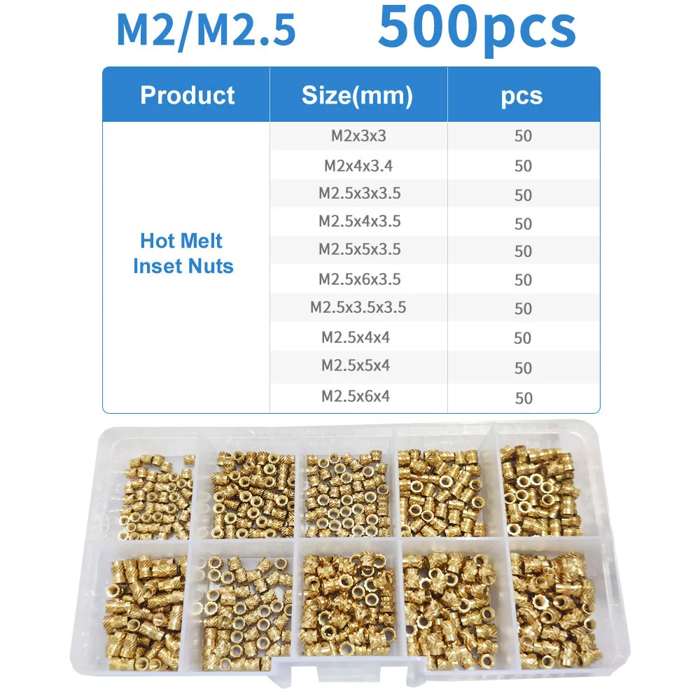 

M2 M2.5 M3 M4 M5 M6 Brass Hot Melt Inset Nuts Assortment Kit Thread Copper Knurled Threaded Insert Embedment Nuts Set