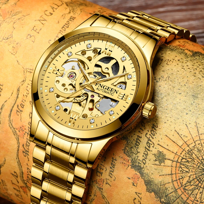 FNGEEN Gold Automatic Watch Men Stainless Steel Strap Skeleton Mechanical Watches Top Brand Luxury Luminous Pointer Watch 6018