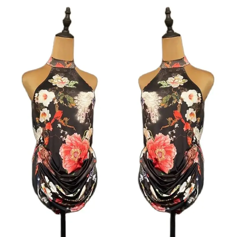 Floral Latino vestido ropa de claqué para mujeres ropa Halter Samba traje Sexy etapa ropa de diseñador vestido de baile de Rumba traje JL3292