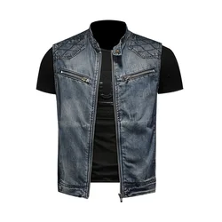 Men's Biker Jean Vest Zippers Stand Collar Cotton Denim Waistcoat Plus Size Sleeveless Tank Top