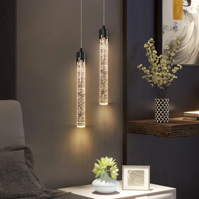 

Modern Luxury Crystal Pendant Lamp Nordic Creastive Long Tube Bedside Hanging Light For Living Room Kistchen Island LED Cylinder