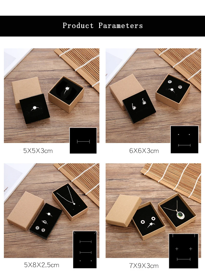 12pcs Cardboard Jewelry Set Box for Ring Necklace Rectangle Tan Black 5X5X3cm 7x9x3cm 9x9x3cm Travel Jewelry Organizer Case