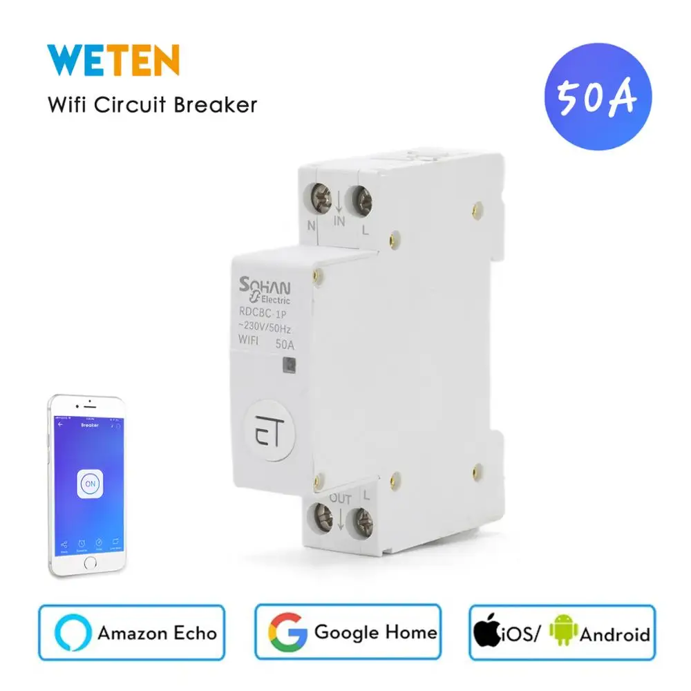 Din Rail Mini Wifi Circuit Breaker Wifi Relay Switch 1P 50A, eWeLink App, Work with Alexa Google Home