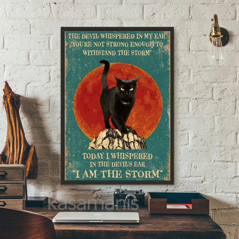 The Devil Whispered In My ear You Are Not Strong Enough to Without the Storm Canvas Painting Black Cat Prints Vintage Poster