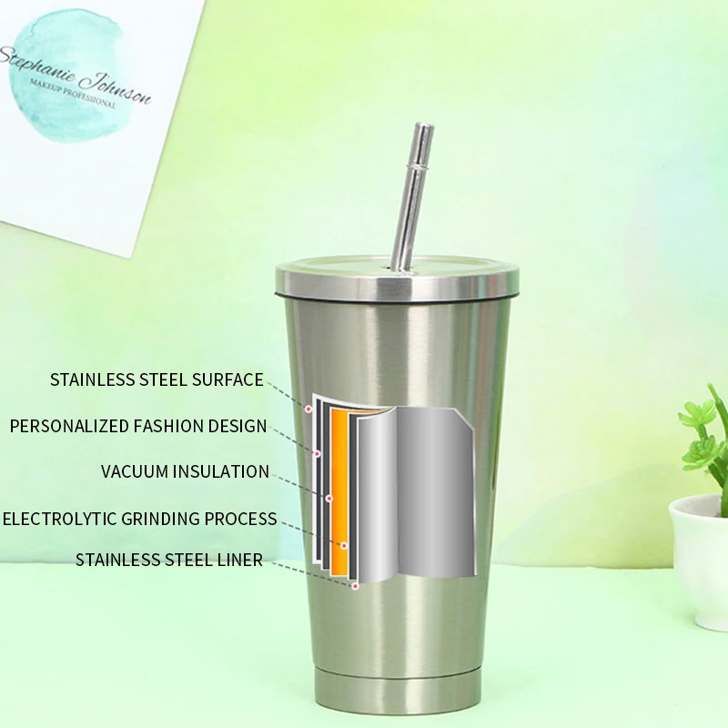 600ml Stainless Steel Double-Layer Water Bottle Insulated Straw Cup With Lid Travel Mug Beer Tea Metal Mug For Office Or Kitchen