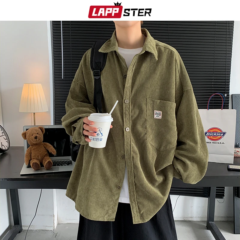 LAPPSTER Men Corduroy Vintage Autumn Shirts 2023 Mens Korean Fashion Harajuku Shirts Male Oversized Streetwear Colorful Shirts