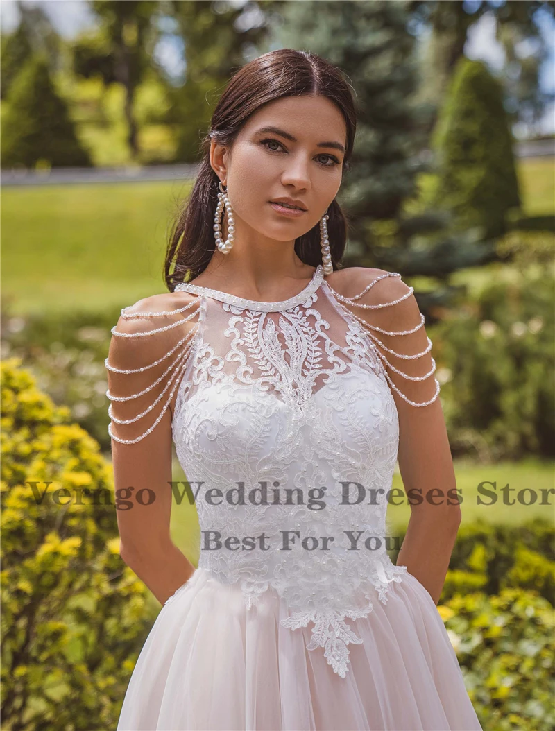 Verngo Vintage UNA Linea di Abito Da Sposa Beach 2021 Delicato Applique Del Merletto di Tulle Paese Boho Abiti Da Sposa Con Perline Maniche