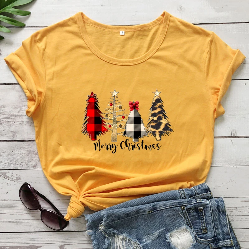 Colored Buffalo Plaid And Leopard Merry Christmas Trees T-shirt Vintage Women Winter Holiday Gift Top Tshirt