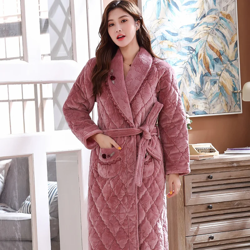 Women Long Warm Three Layers Quilted Coral Fleece Bathrobe Winter Thick Flannel Thermal Robe Kimono Dressing Gown Bride Peignoir