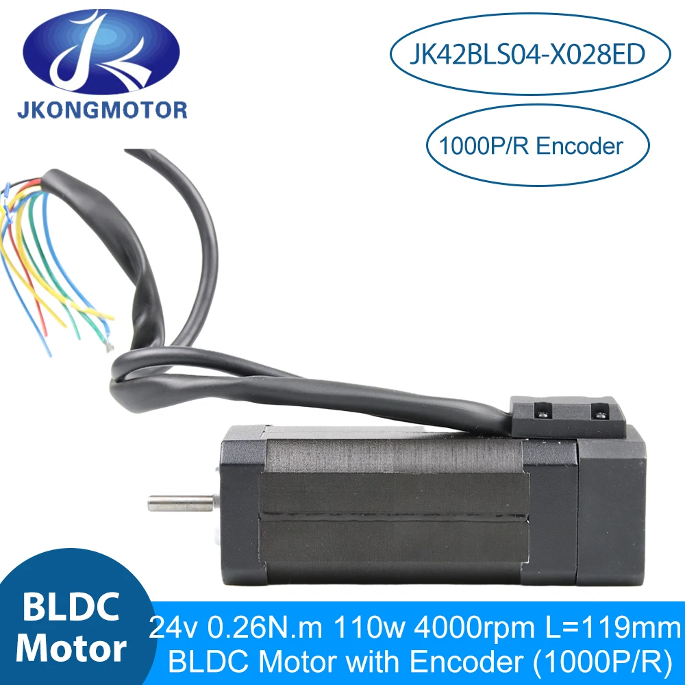 JK42BLS04-X028ED BLDC Servo Motor L=119mm 24V 110W 8-poles 0.26N.m Brushless DC Servo Motor with Encoder 1000P/R For DIY Design