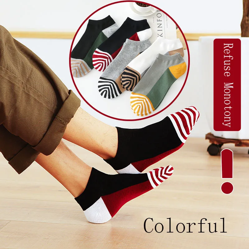 Men\'s Fashion Cotton Boat Socks Colorful Stripe Shallow Mouth Breathable Sweat-absorbent Sport Socks Anti-wear Feet Guard Heel