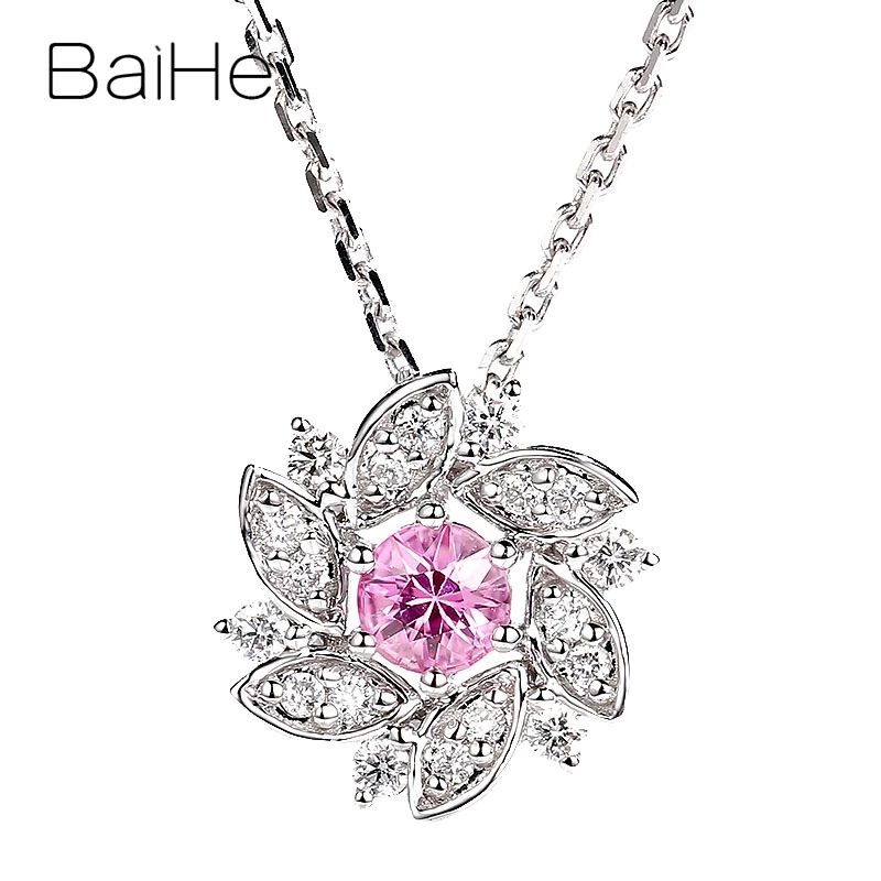 

BAIHE Solid 18K White Gold Pink Sapphire Diamond Flower Pendant Necklace Women Clavicle Chain Trendy Fine Jewelry フラワーネックレス