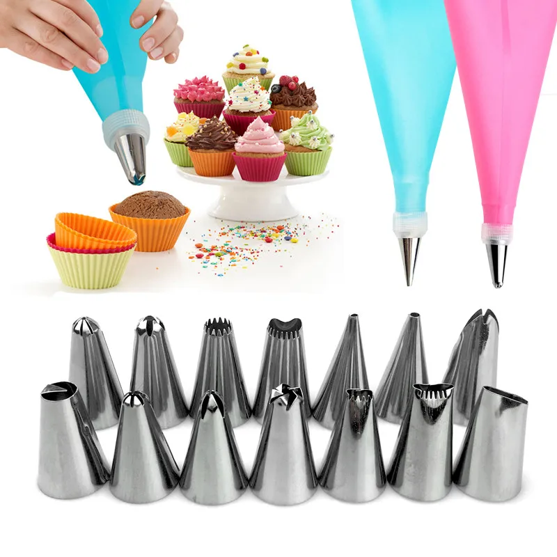 16pcs/Set Confectionery Bag With Nozzles Icing Piping Tips Stainless Steel Cake Decorating Tool Pastry Cream Spout For Baking