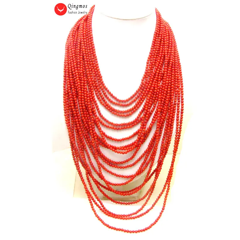 

Qingmos Natural 20 Strands Red Coral NECKLACE for Women with 3-4mm GENUINE Red Coral Necklces Jewelry 18-25" Chokers nec5769