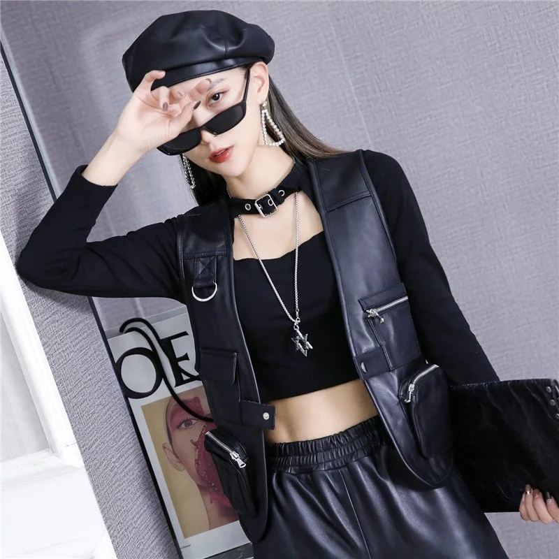 

Style Boyfriend Women Multi Pockets Cargo Vest Short One Button V Neck Sleeveless Jacket Sheepskin Genuine Leather Waistcoat Top