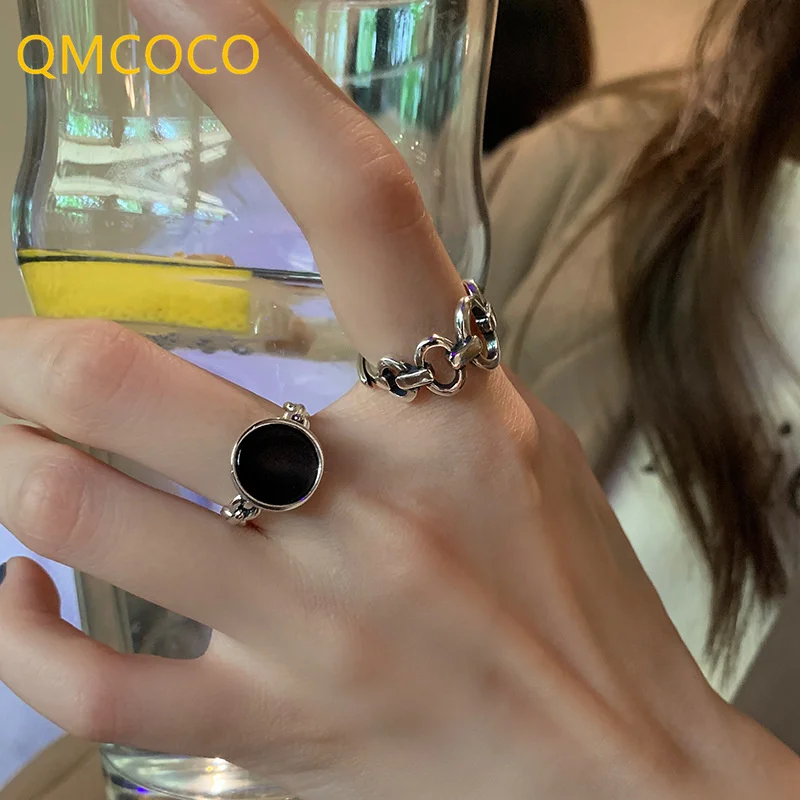 QMCOCO Silver Color Adjustable Hollow Out Rings For Women Trendy Elegant Vintage Black Stone Geometric Ring Man Party Jewelry