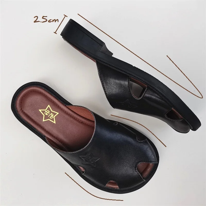 Careaymade-Genuine Leather big shoes wide version sandals women\'s  pure original leather single soft sole turtle Baotou slippers