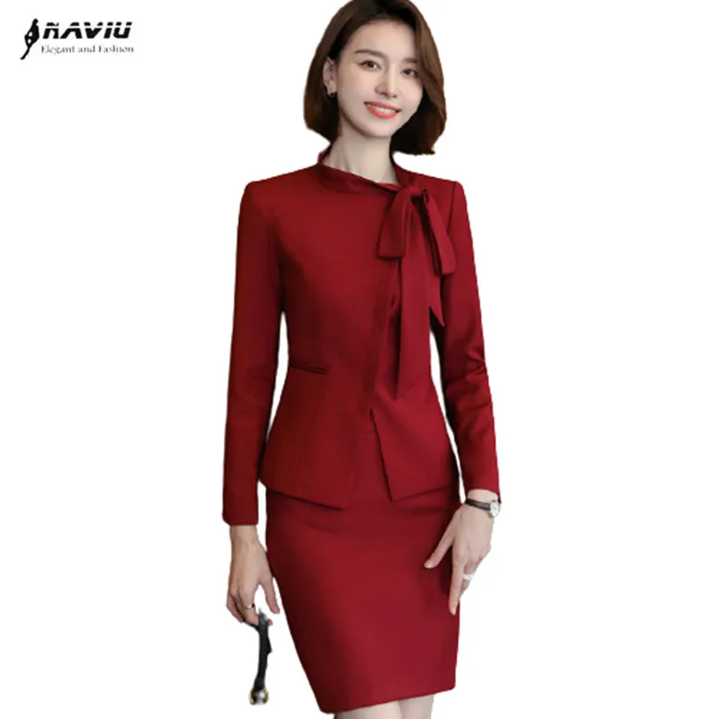 Red Suits Women High End New Business Fashion Temperament Bow Design Long Sleeve Formal Blazer And Skirt Office Ladies Work Wear