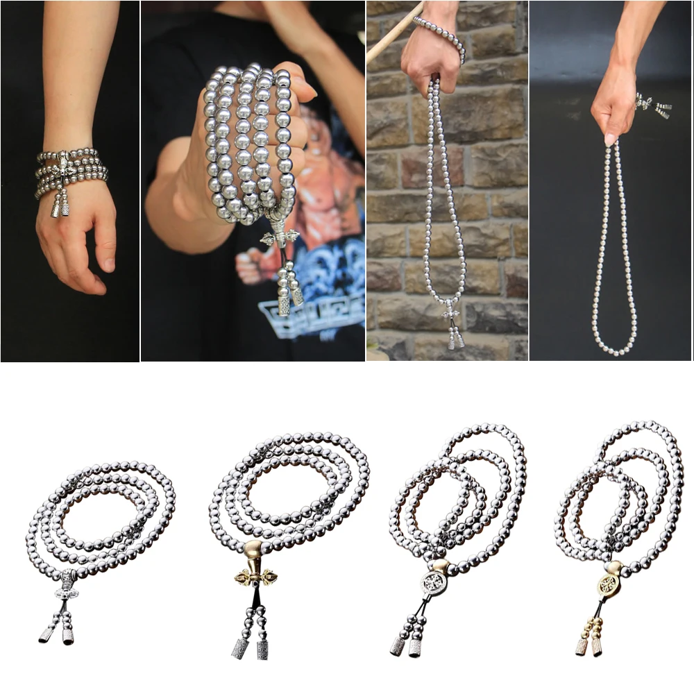 1pcs Outdoor 108 Buddha Beads Self Defense Hand Bracelet Necklace Chain Full Steel Chain Personal Protection Multi Security