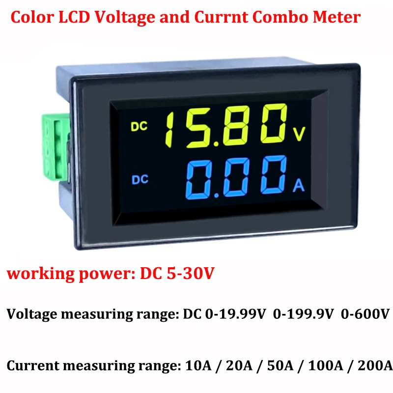 DC 0-600V Digital LCD Voltmeter Ammeter 10A 20A 100A 200A Voltage Current Ampere Panel Meter Detector Tester Monitor